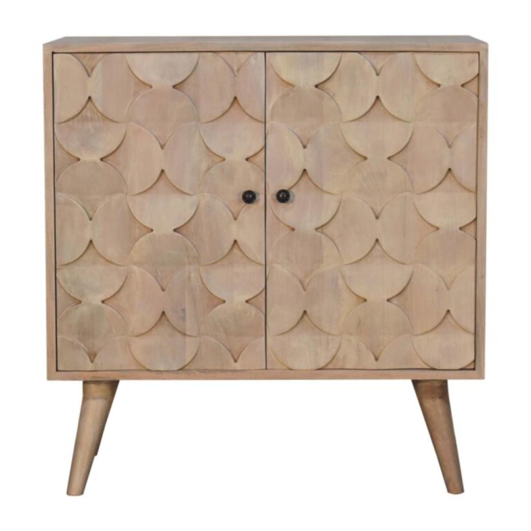 Hourglass Carved Cabinet | Solid Mango Wood | Marble Finish | 2 Door Storage Cabinet