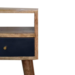 Indigo Mini Bedside Table | Solid Mango Wood | Navy Blue Drawer | Oak Finish