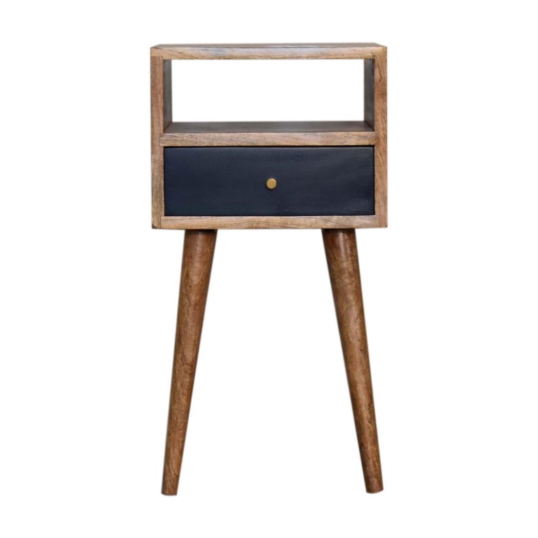 Indigo Mini Bedside Table | Solid Mango Wood | Navy Blue Drawer | Oak Finish