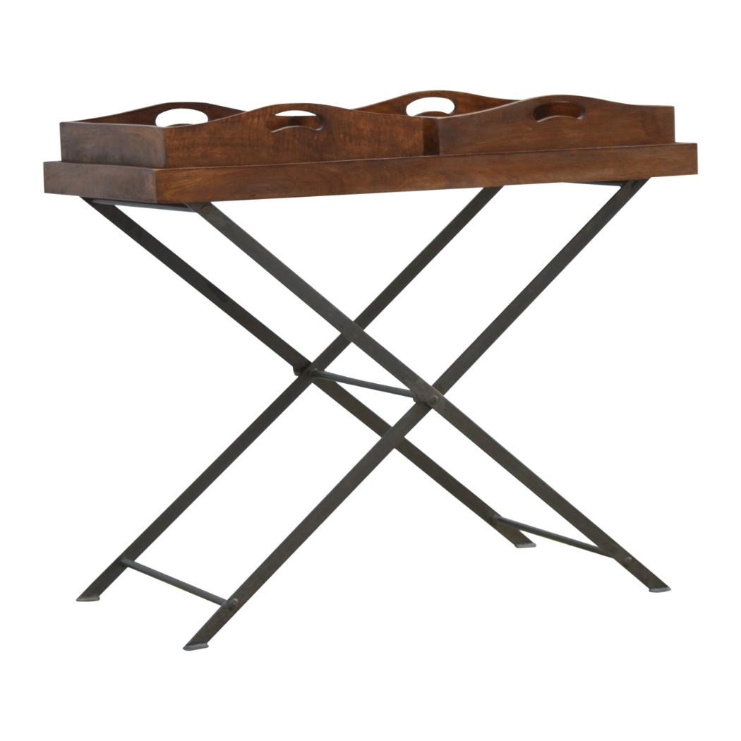 Industrial Butler Tray Table | Solid Mango Wood | Chestnut Finish | Folding Metal Stand
