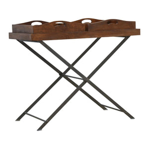 Industrial Butler Tray Table | Solid Mango Wood | Chestnut Finish | Folding Metal Stand