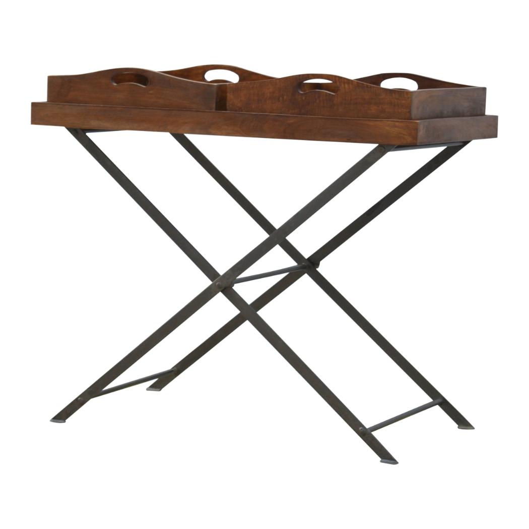 Industrial Butler Tray Table | Solid Mango Wood | Chestnut Finish | Folding Metal Stand