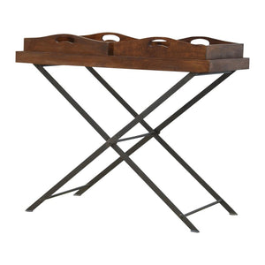 Industrial Butler Tray Table | Solid Mango Wood | Chestnut Finish | Folding Metal Stand