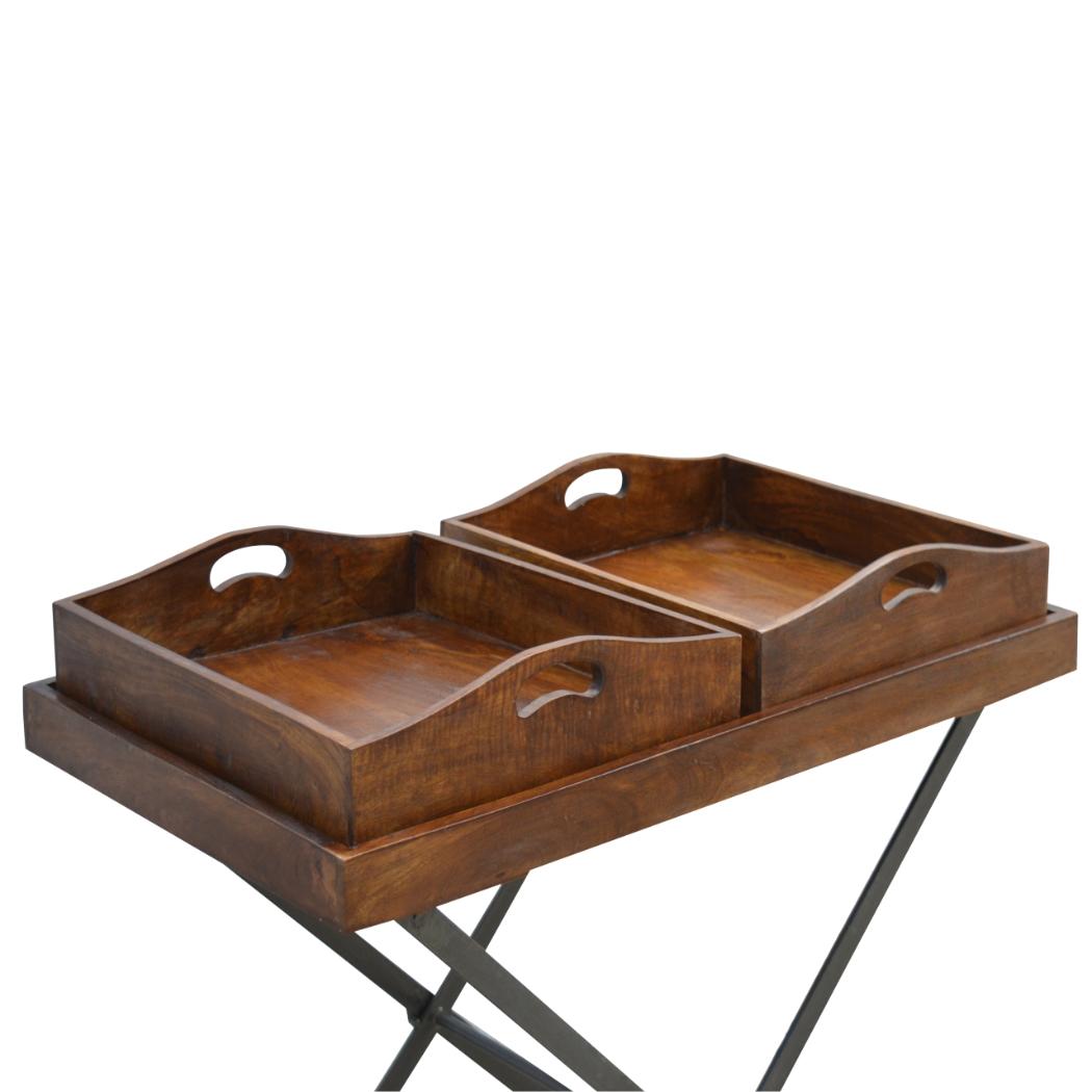 Industrial Butler Tray Table | Solid Mango Wood | Chestnut Finish | Folding Metal Stand
