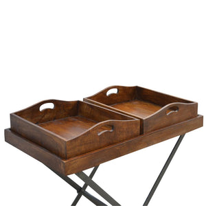 Industrial Butler Tray Table | Solid Mango Wood | Chestnut Finish | Folding Metal Stand