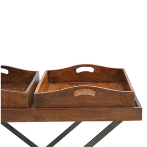 Industrial Butler Tray Table | Solid Mango Wood | Chestnut Finish | Folding Metal Stand