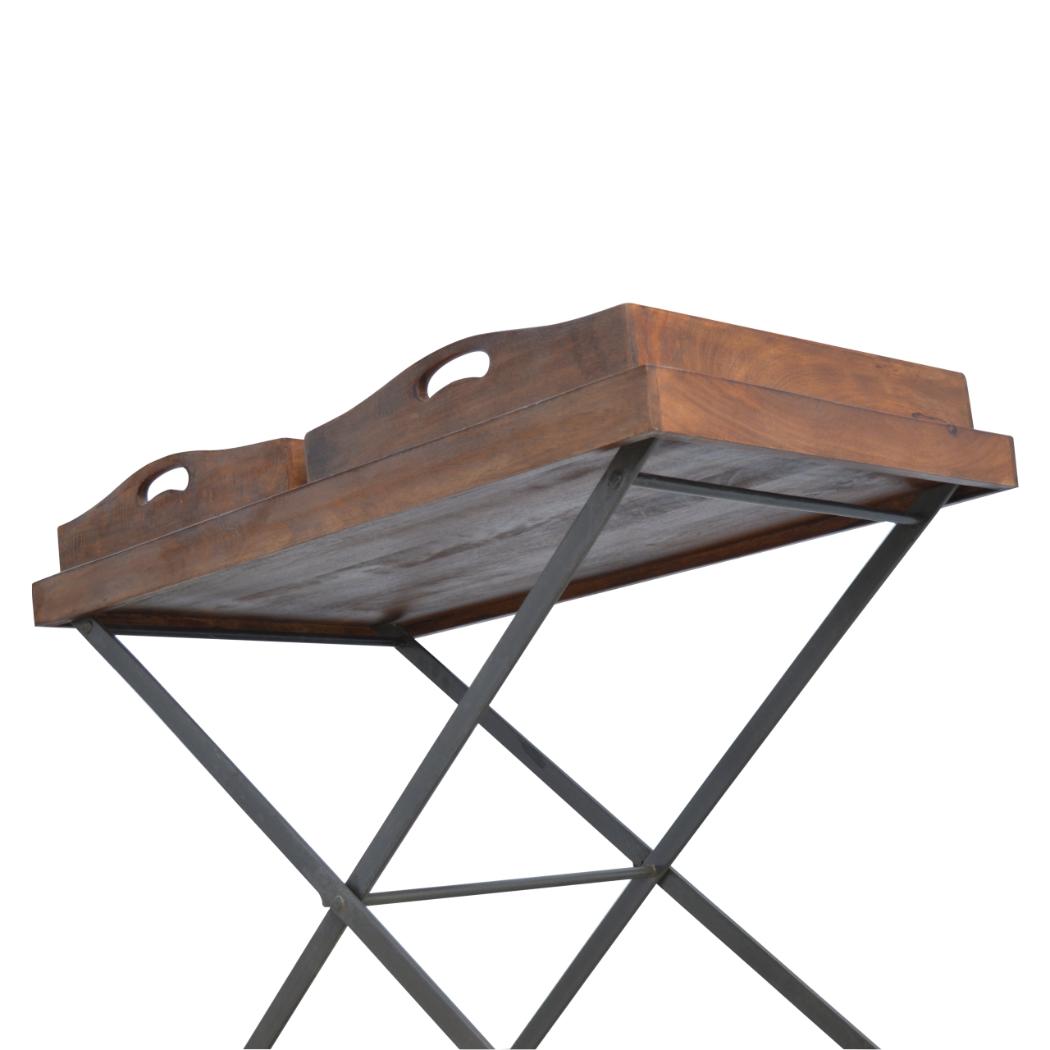 Industrial Butler Tray Table | Solid Mango Wood | Chestnut Finish | Folding Metal Stand