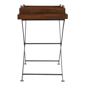 Industrial Butler Tray Table | Solid Mango Wood | Chestnut Finish | Folding Metal Stand