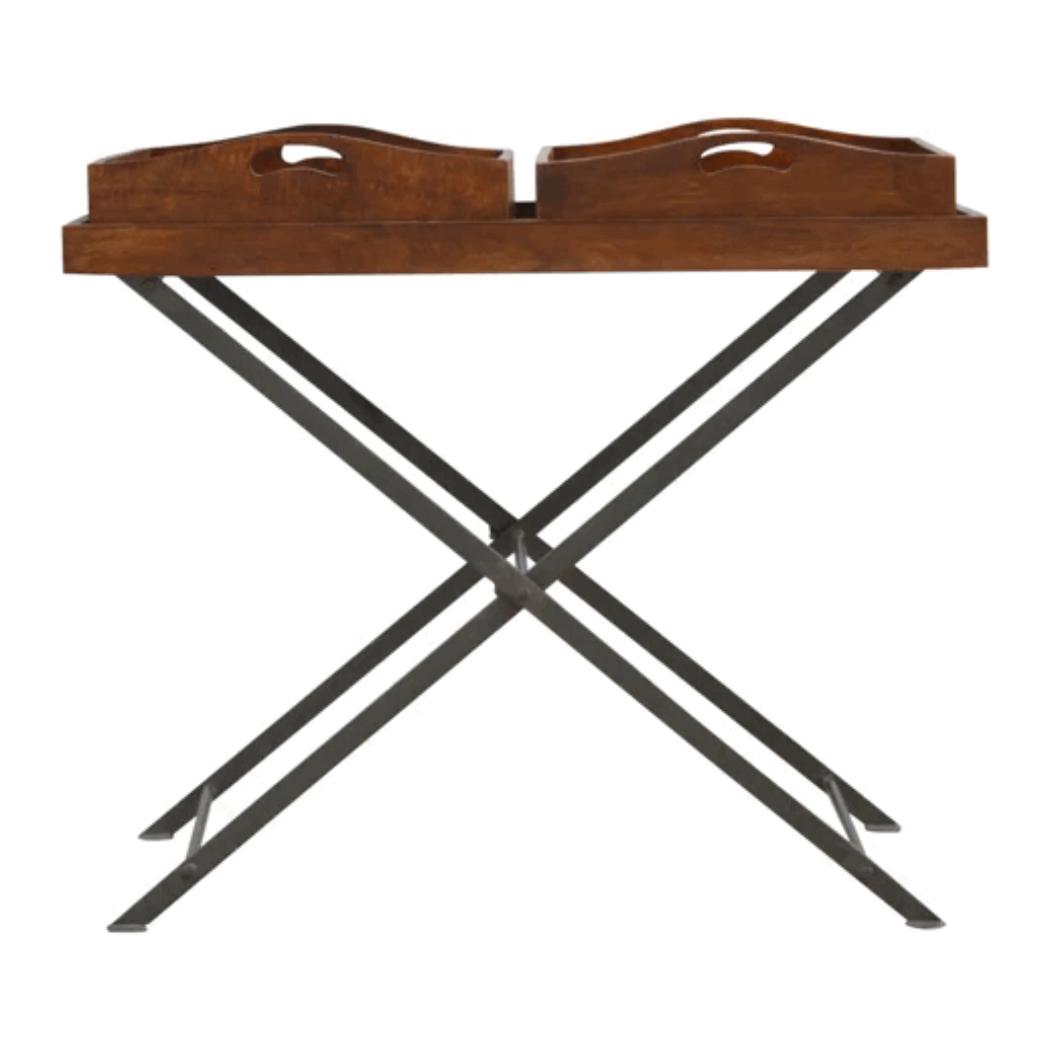 Industrial Butler Tray Table | Solid Mango Wood | Chestnut Finish | Folding Metal Stand