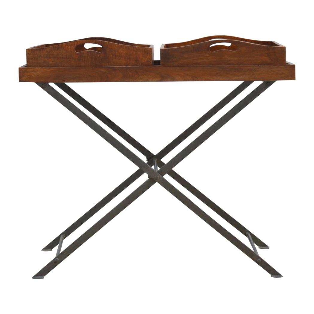 Industrial Butler Tray Table | Solid Mango Wood | Chestnut Finish | Folding Metal Stand