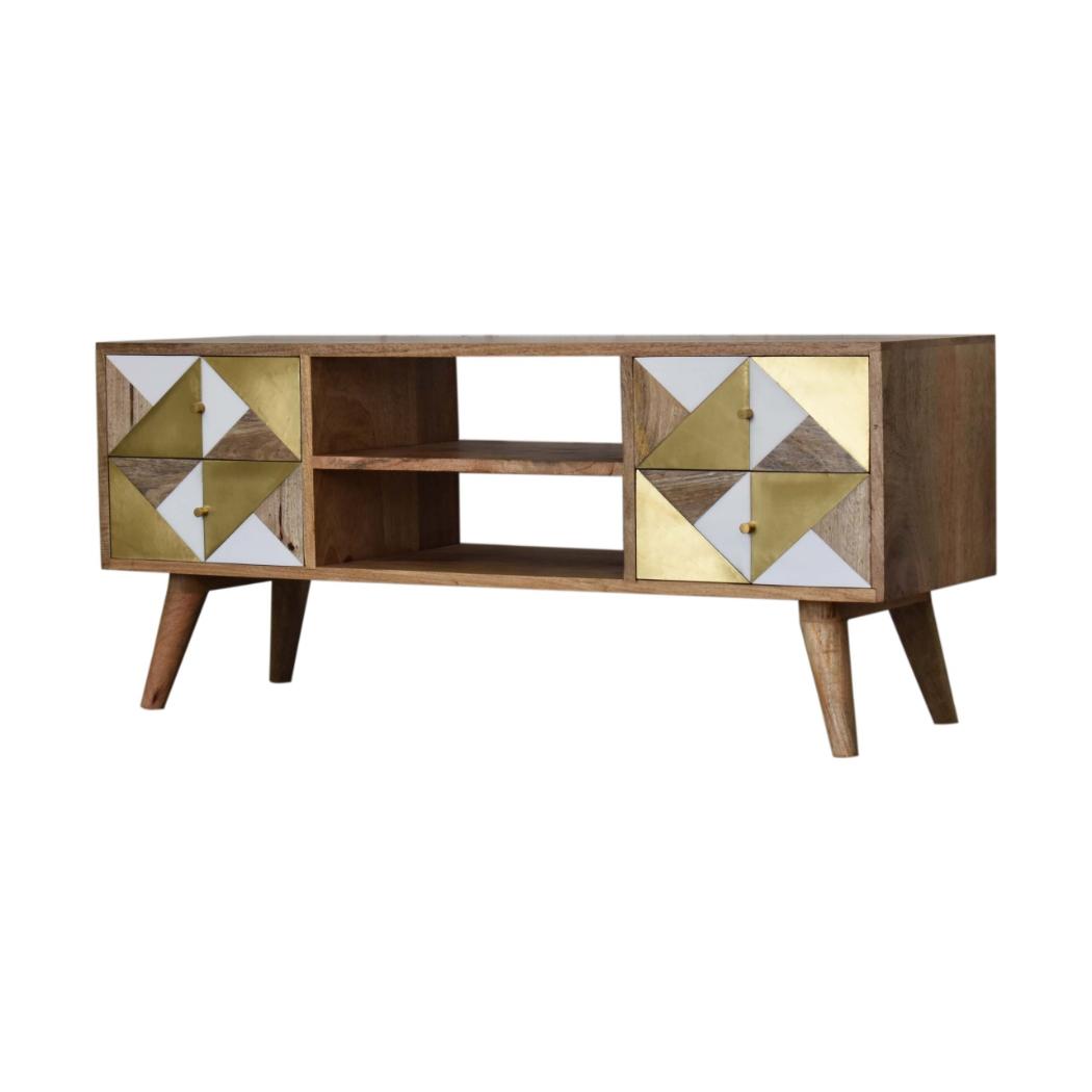 Ivy Marble Detail Media Unit | Solid Mango Wood | Oak Finish | Brass Accent Drawers