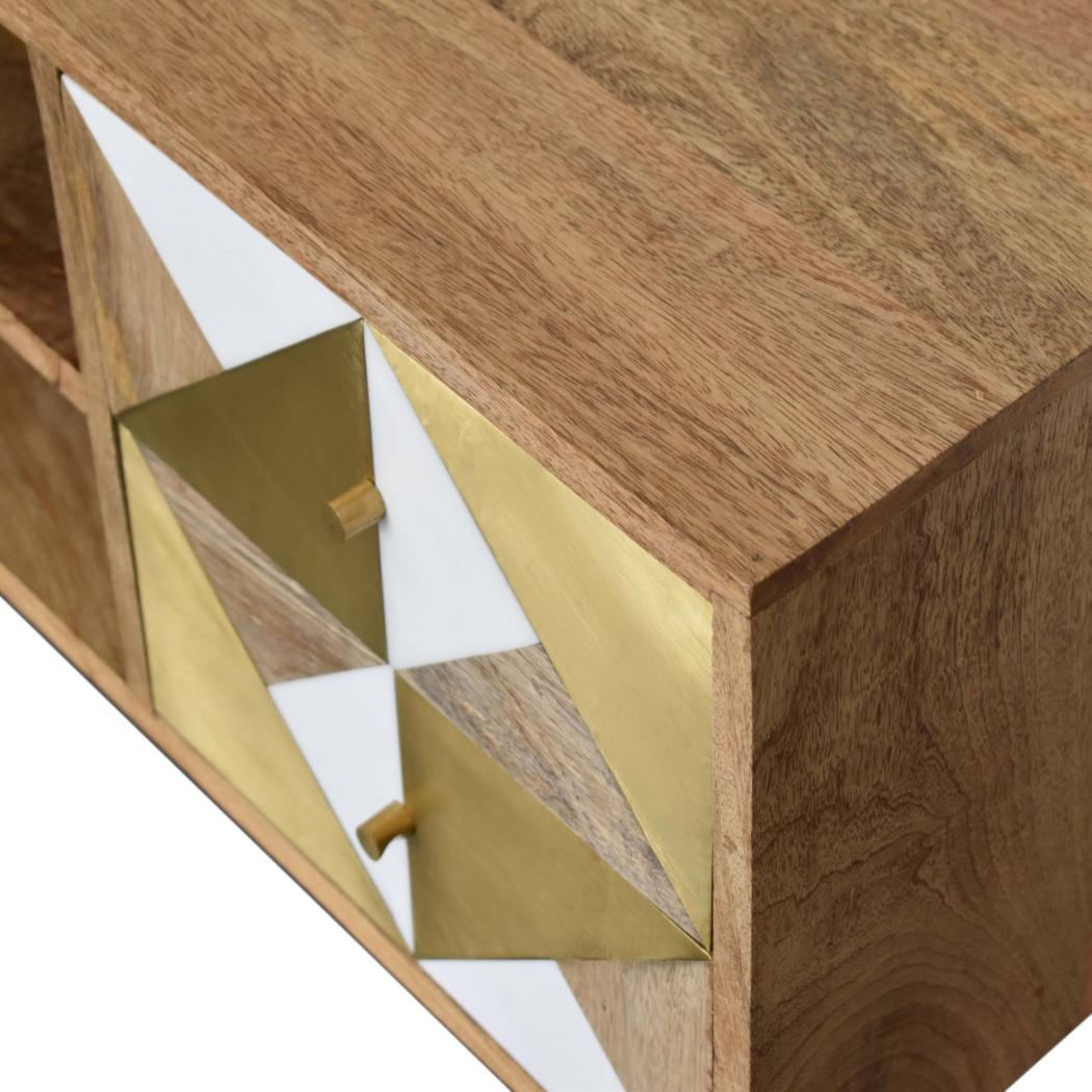Ivy Marble Detail Media Unit | Solid Mango Wood | Oak Finish | Brass Accent Drawers