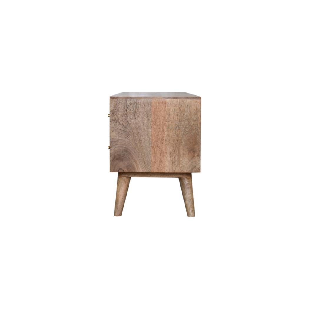 Ivy Marble Detail Media Unit | Solid Mango Wood | Oak Finish | Brass Accent Drawers