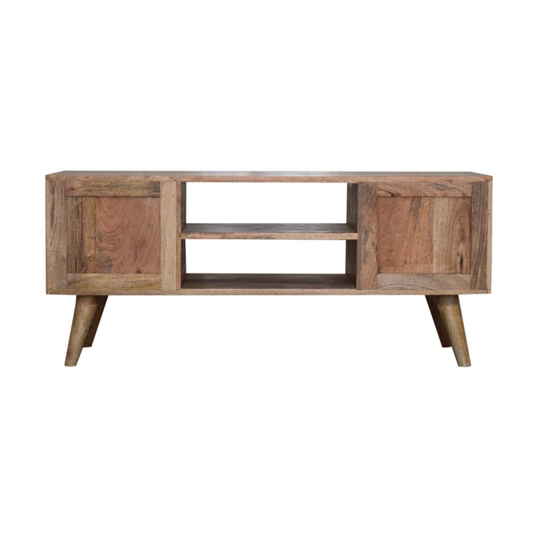 Ivy Marble Detail Media Unit | Solid Mango Wood | Oak Finish | Brass Accent Drawers
