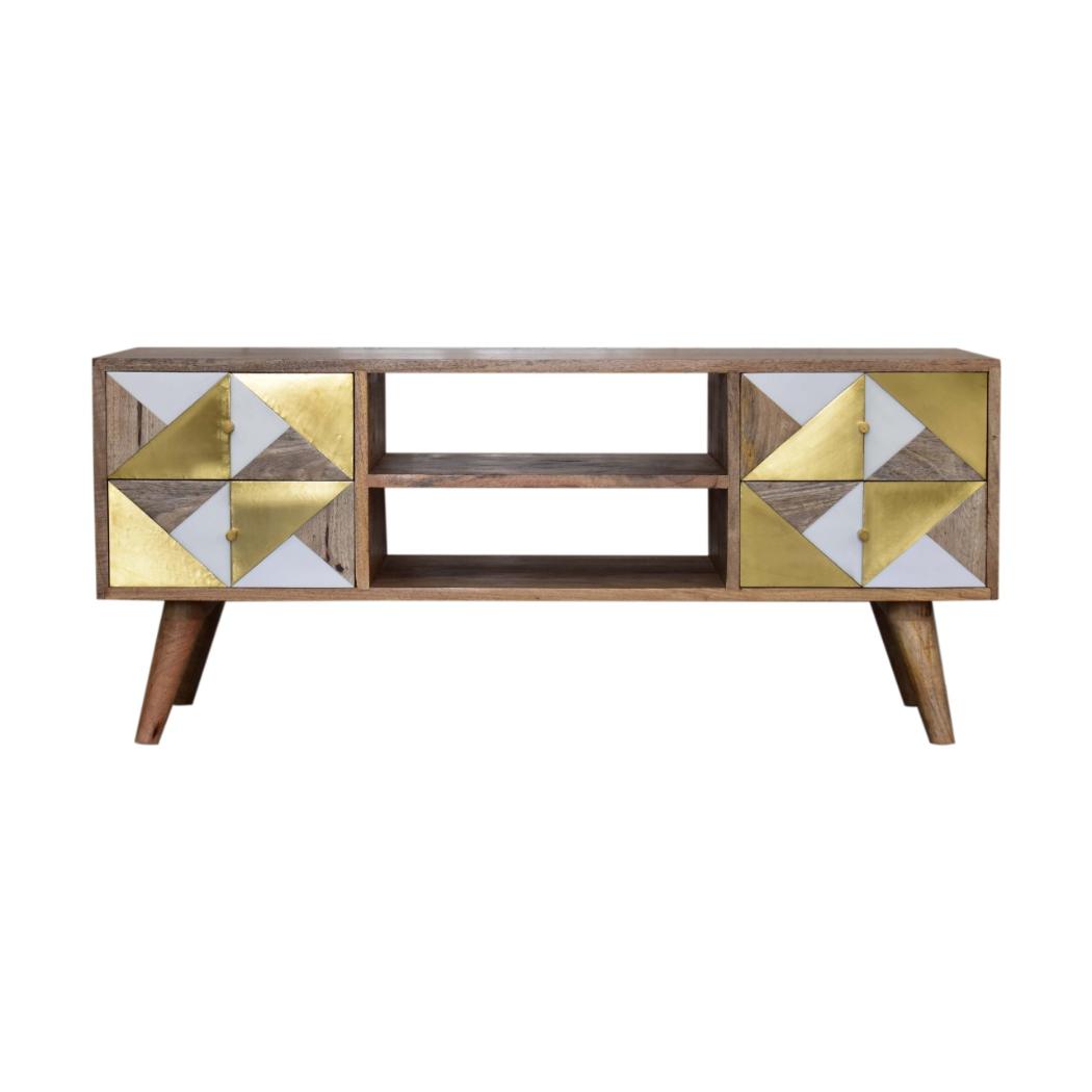 Ivy Marble Detail Media Unit | Solid Mango Wood | Oak Finish | Brass Accent Drawers