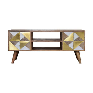Ivy Marble Detail Media Unit | Solid Mango Wood | Oak Finish | Brass Accent Drawers