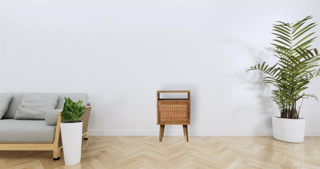 Knit Rattan Door Bedside | Solid Mango Wood | Oak Finish | Nordic Legs
