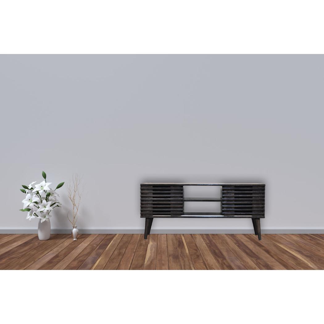 Kobe Slatted Media Unit | Solid Mango Wood | Ash Black Finish | 2 Drawers & 2 Shelves