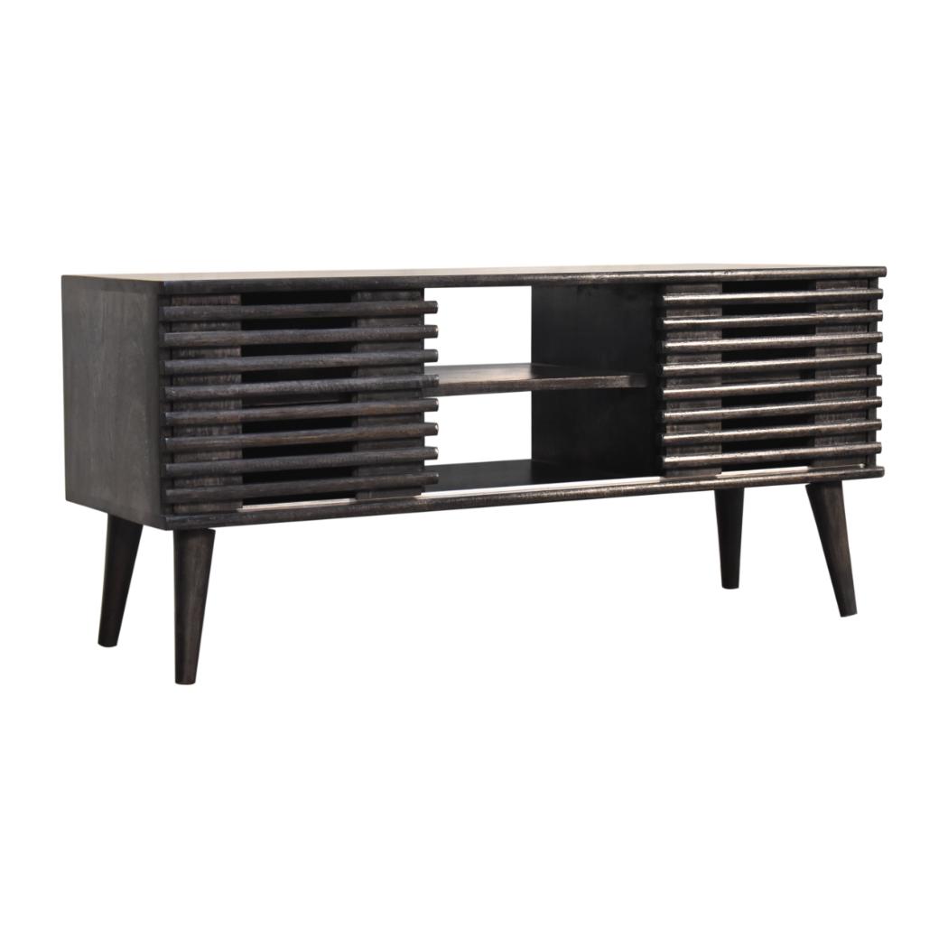 Kobe Slatted Media Unit | Solid Mango Wood | Ash Black Finish | 2 Drawers & 2 Shelves