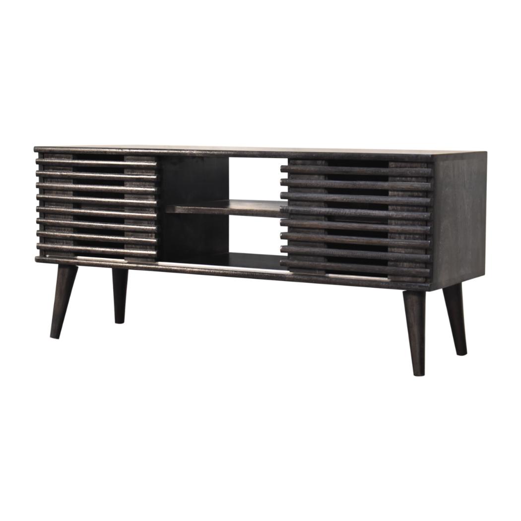 Kobe Slatted Media Unit | Solid Mango Wood | Ash Black Finish | 2 Drawers & 2 Shelves