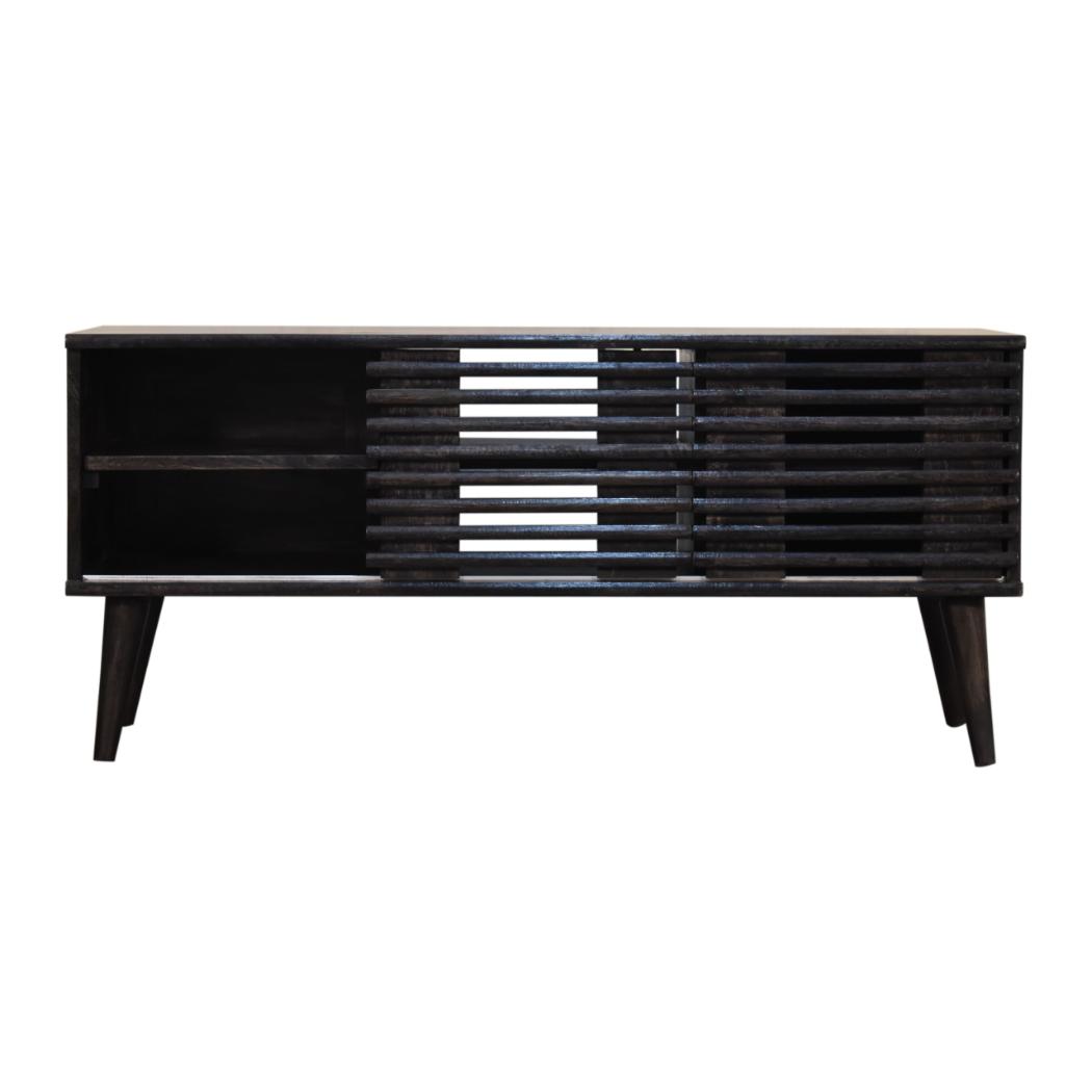 Kobe Slatted Media Unit | Solid Mango Wood | Ash Black Finish | 2 Drawers & 2 Shelves