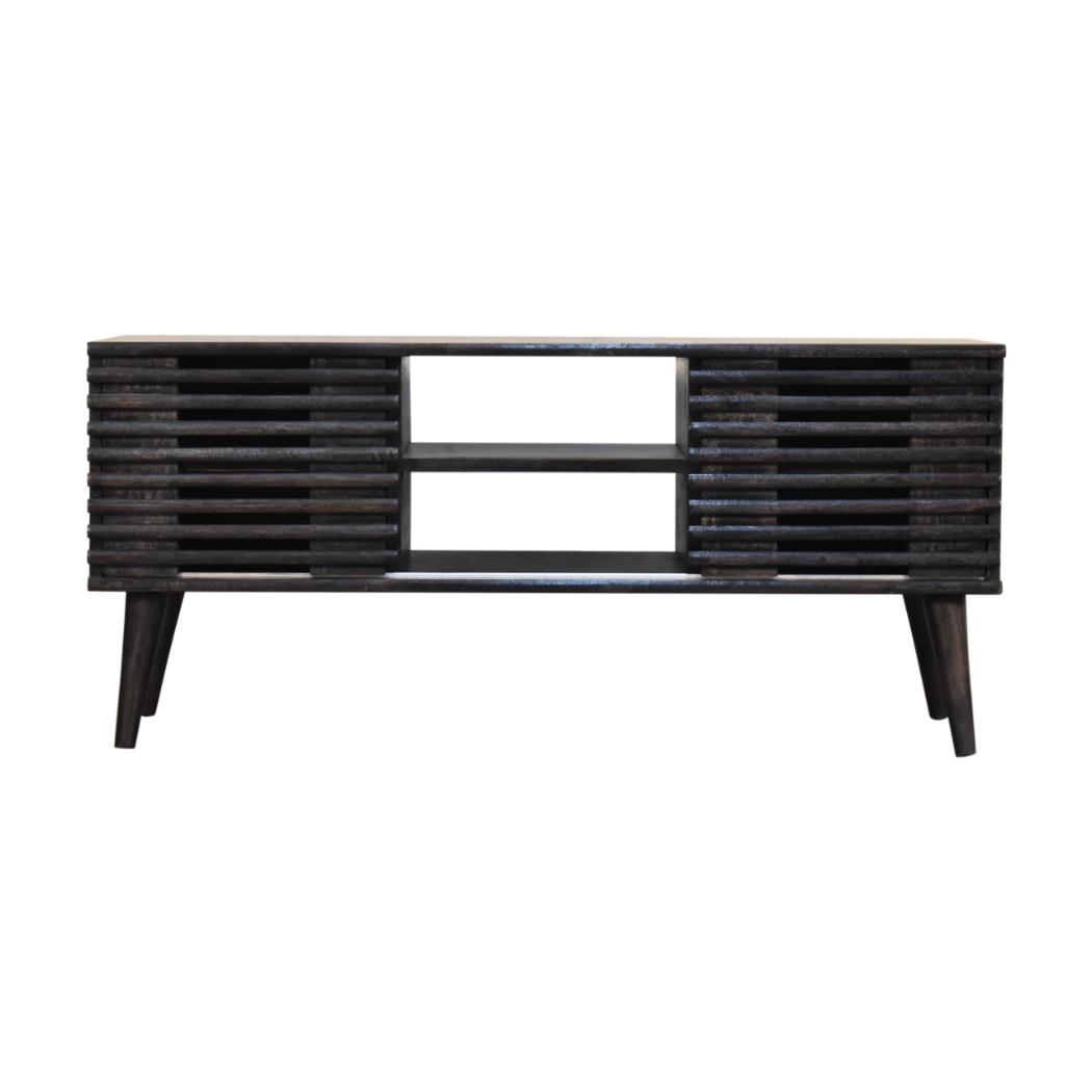 Kobe Slatted Media Unit | Solid Mango Wood | Ash Black Finish | 2 Drawers & 2 Shelves