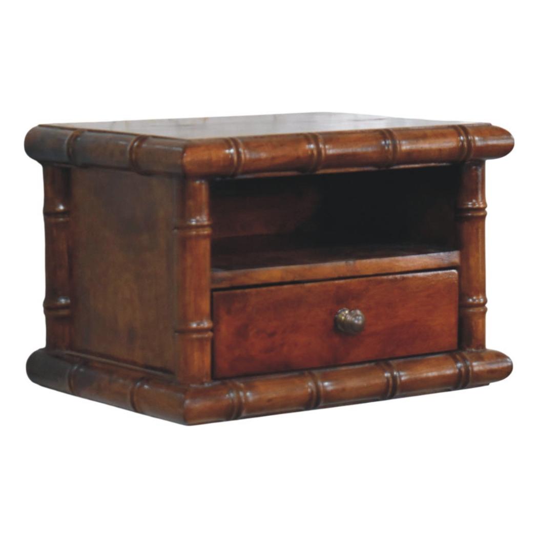 Kora Open Shelf Wall-Mounted Bedside Table | Solid Mango Wood | One Drawer | Chestnut Finish