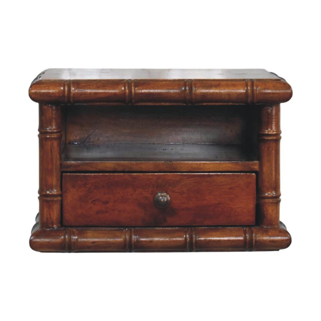 Kora Open Shelf Wall-Mounted Bedside Table | Solid Mango Wood | One Drawer | Chestnut Finish