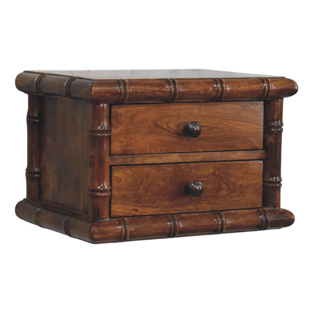 Kora Wall-Mounted Bedside Table | Solid Mango Wood | Two Drawers | Chestnut Finish