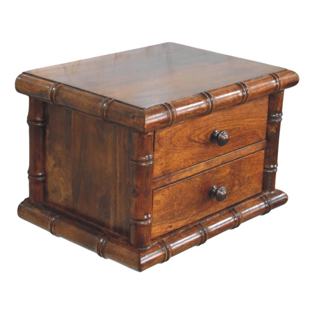 Kora Wall-Mounted Bedside Table | Solid Mango Wood | Two Drawers | Chestnut Finish