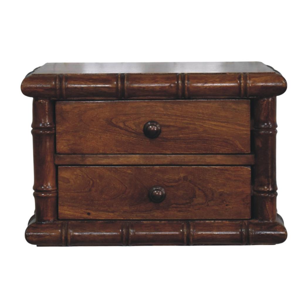 Kora Wall-Mounted Bedside Table | Solid Mango Wood | Two Drawers | Chestnut Finish