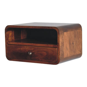 Large Chestnut Curved Floating Bedside | Solid Mango Wood | Upper Slot