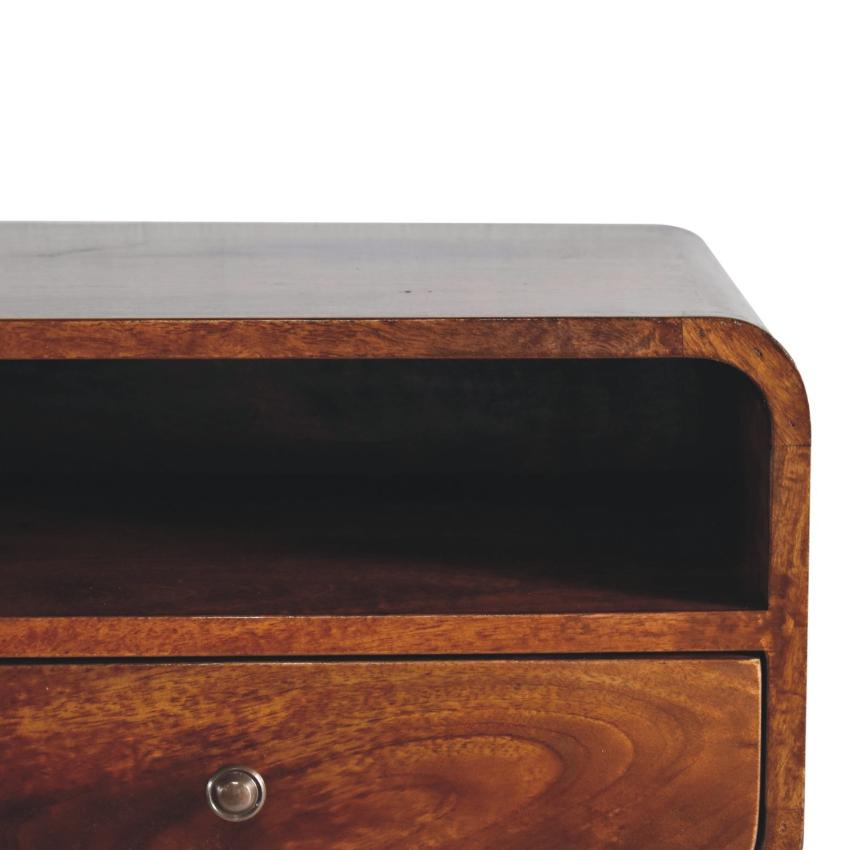 Large Chestnut Curved Floating Bedside | Solid Mango Wood | Upper Slot