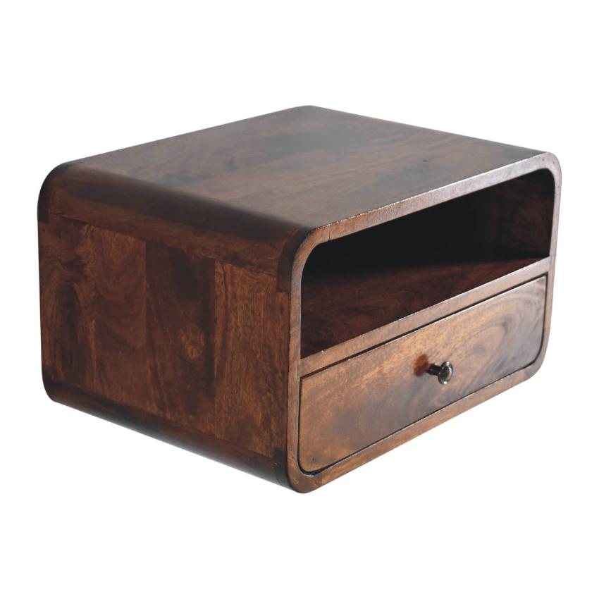 Large Chestnut Curved Floating Bedside | Solid Mango Wood | Upper Slot