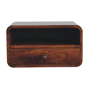 Large Chestnut Curved Floating Bedside | Solid Mango Wood | Upper Slot