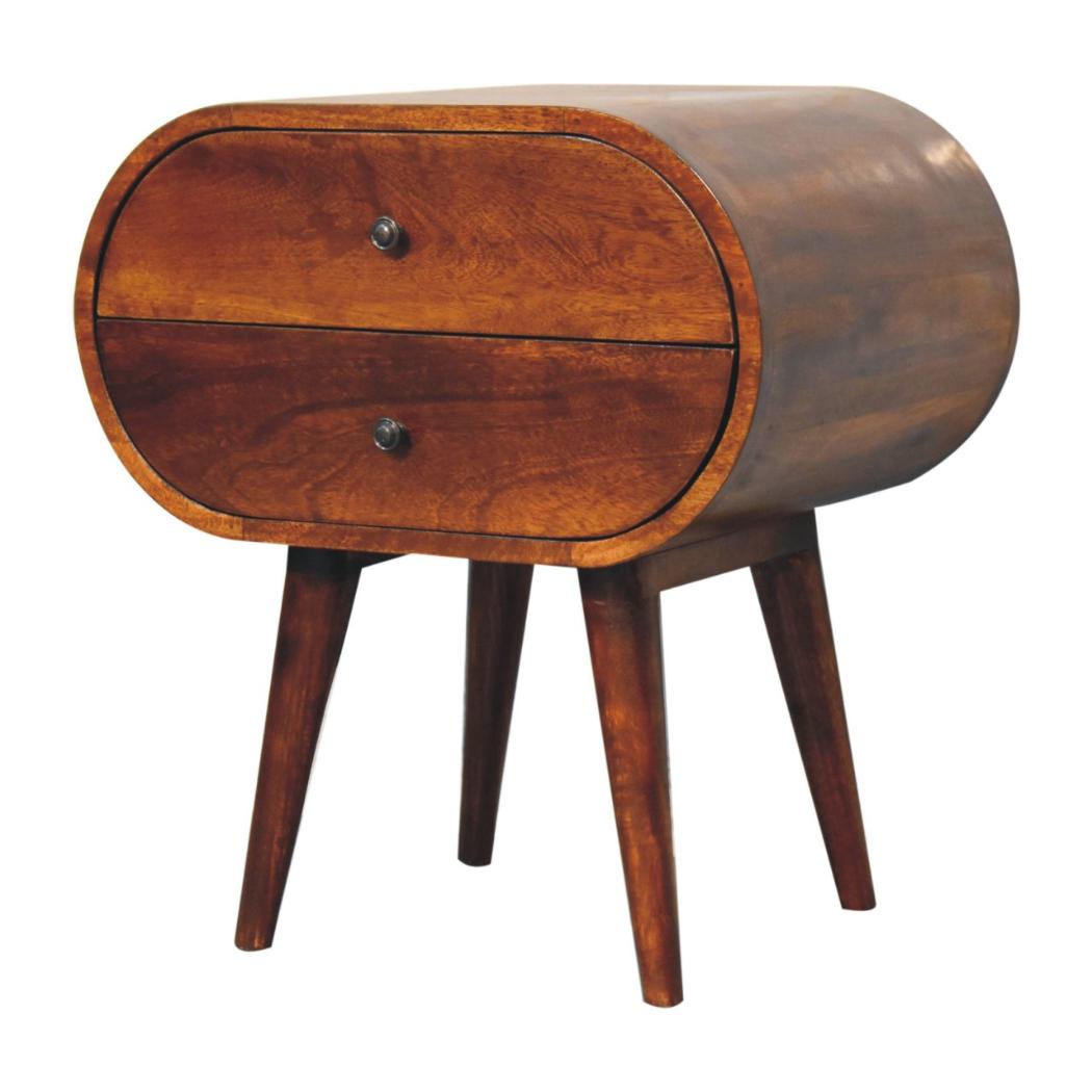 Large Circular Bedside Table | Chestnut Finish | Rounded Storage Design