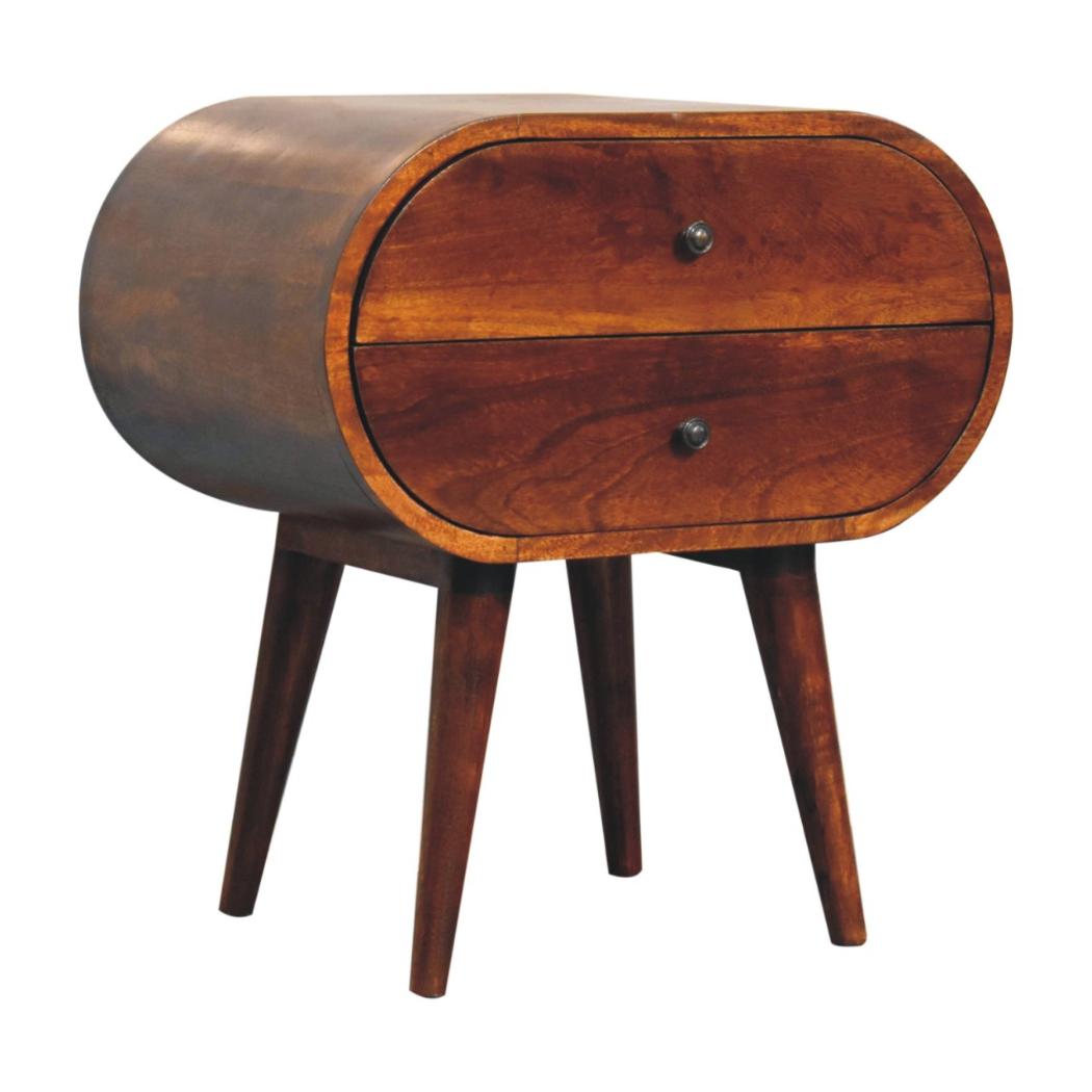 Large Circular Bedside Table | Chestnut Finish | Rounded Storage Design