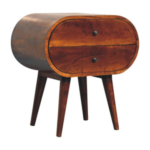 Large Circular Bedside Table | Chestnut Finish | Rounded Storage Design