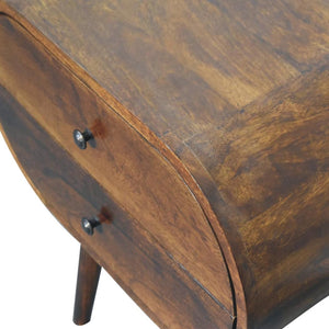 Large Circular Bedside Table | Chestnut Finish | Rounded Storage Design