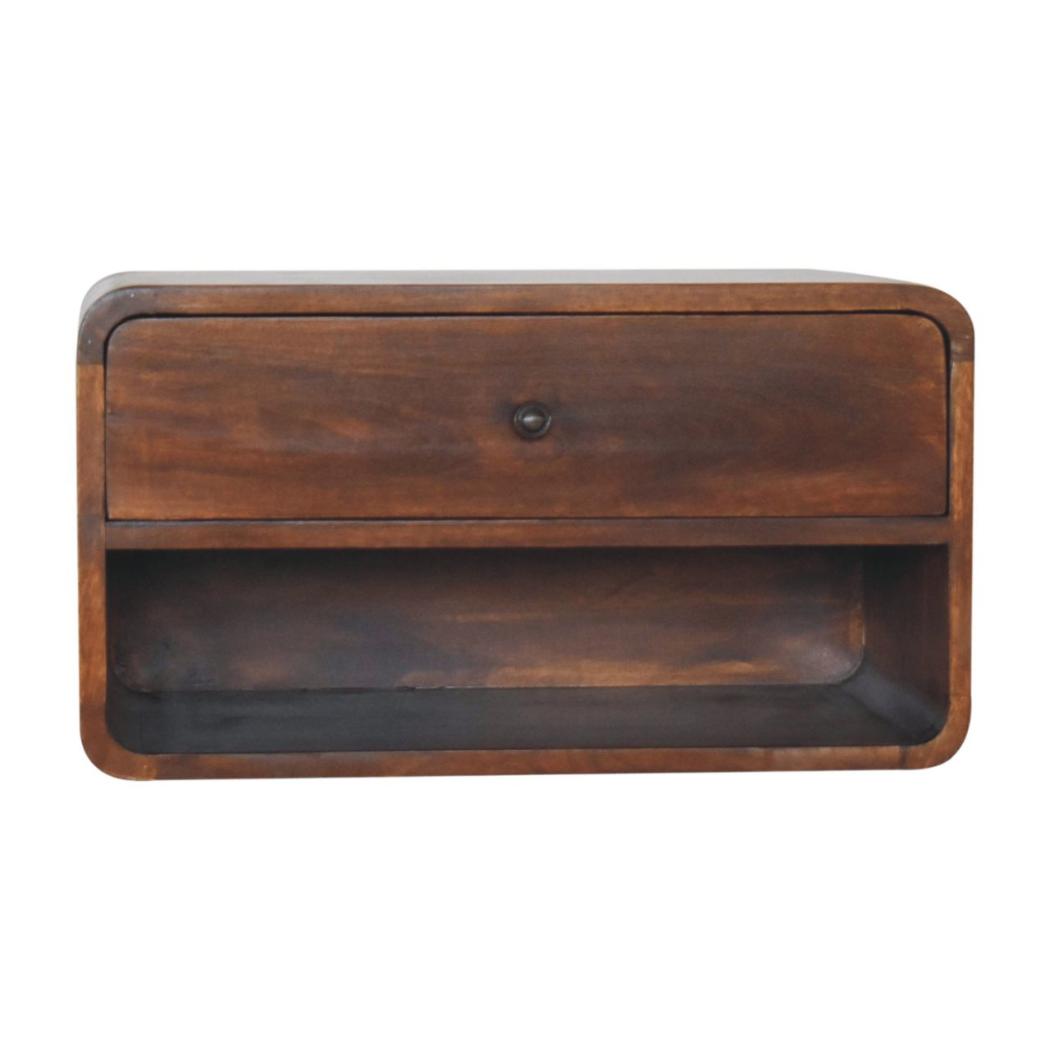 Large Curved Floating Bedside Table | Chestnut Finish | Wall-Mounted Storage