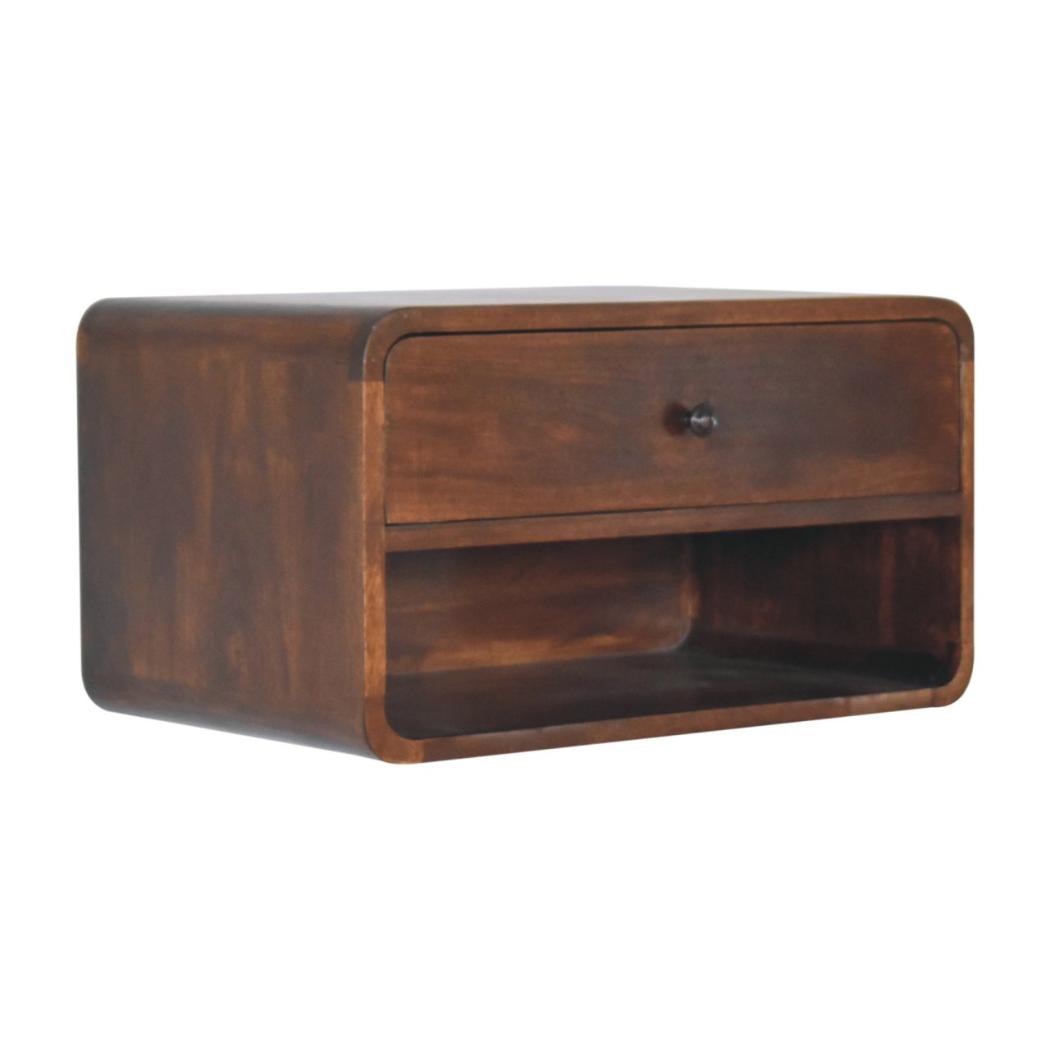 Large Curved Floating Bedside Table | Chestnut Finish | Wall-Mounted Storage