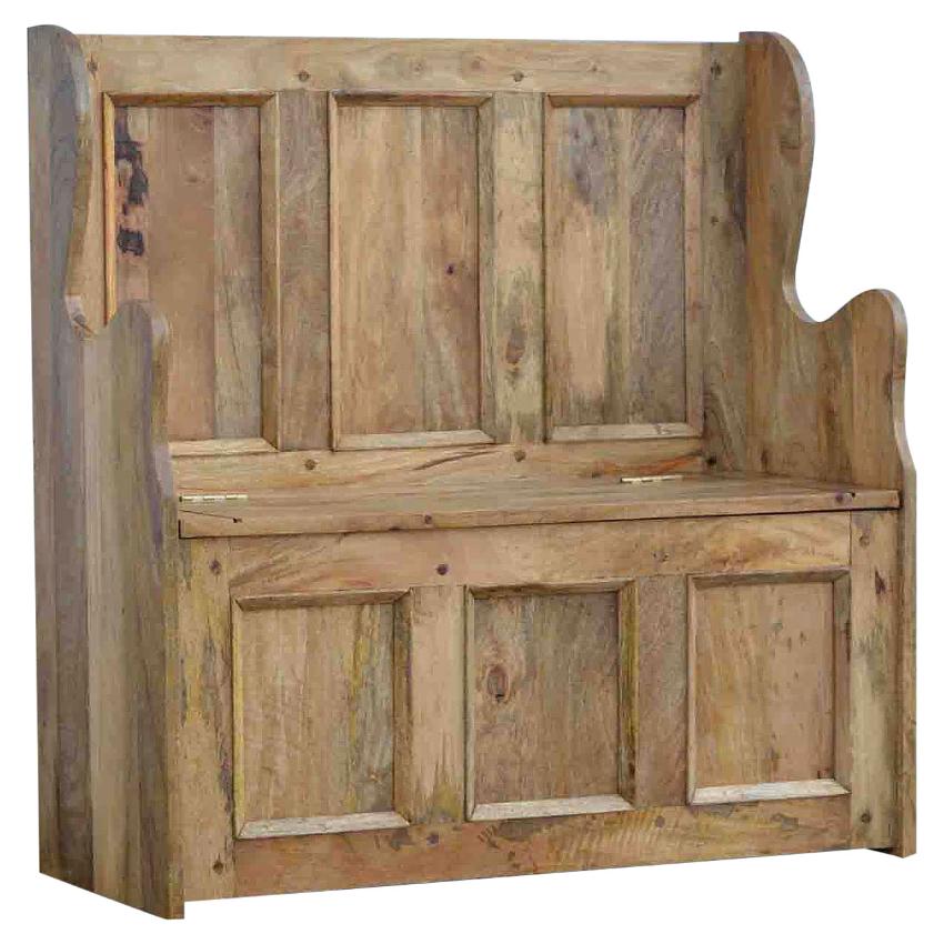 Large Solid Mango Wood Monks Bench | Lift-Up Storage | Oak-Style Finish