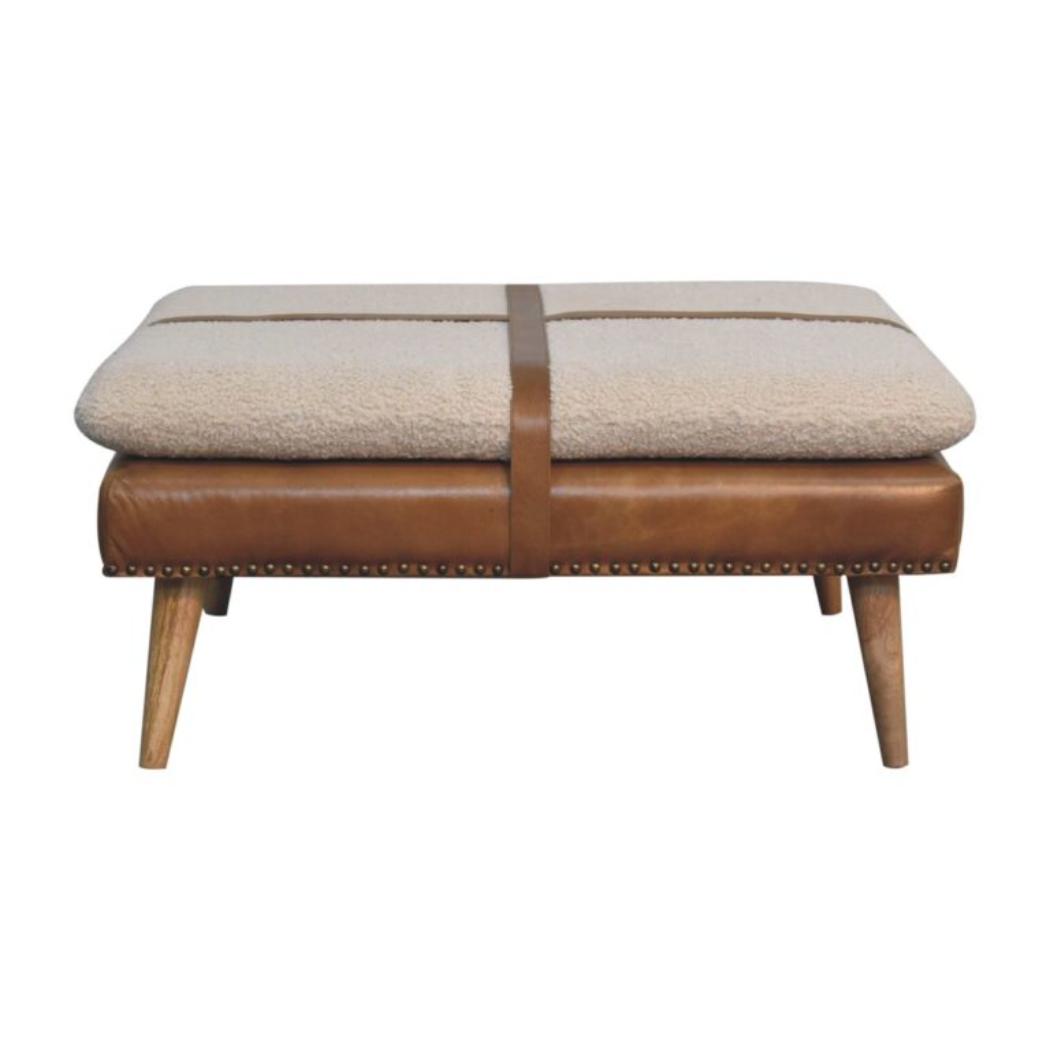 Large Square Footstool | Brown Buffalo Hide Leather & Bouclé | Upholstered Design