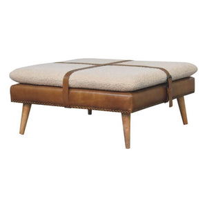 Large Square Footstool | Brown Buffalo Hide Leather & Bouclé | Upholstered Design