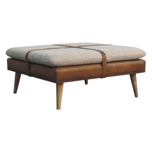 Large Square Footstool | Brown Buffalo Hide Leather & Bouclé | Upholstered Design