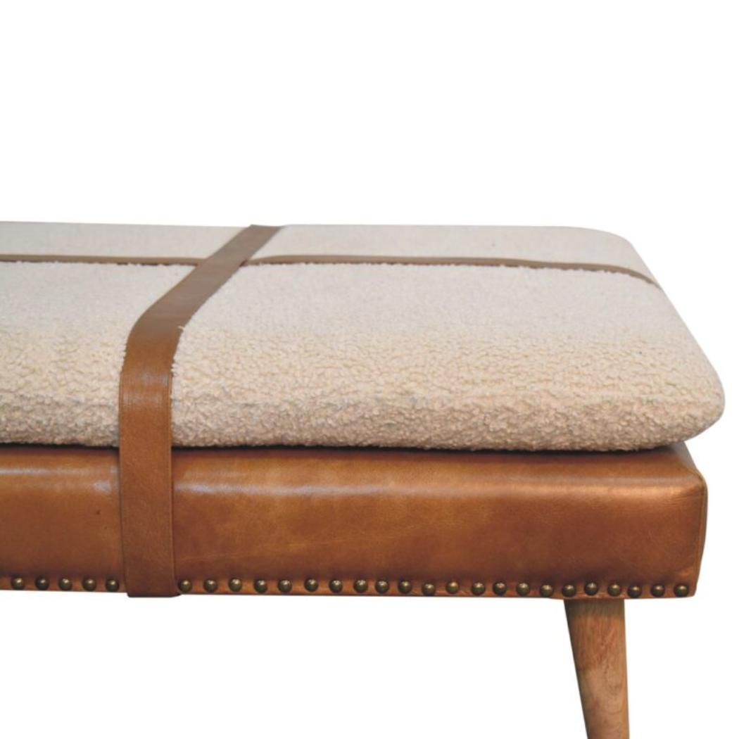 Large Square Footstool | Brown Buffalo Hide Leather & Bouclé | Upholstered Design
