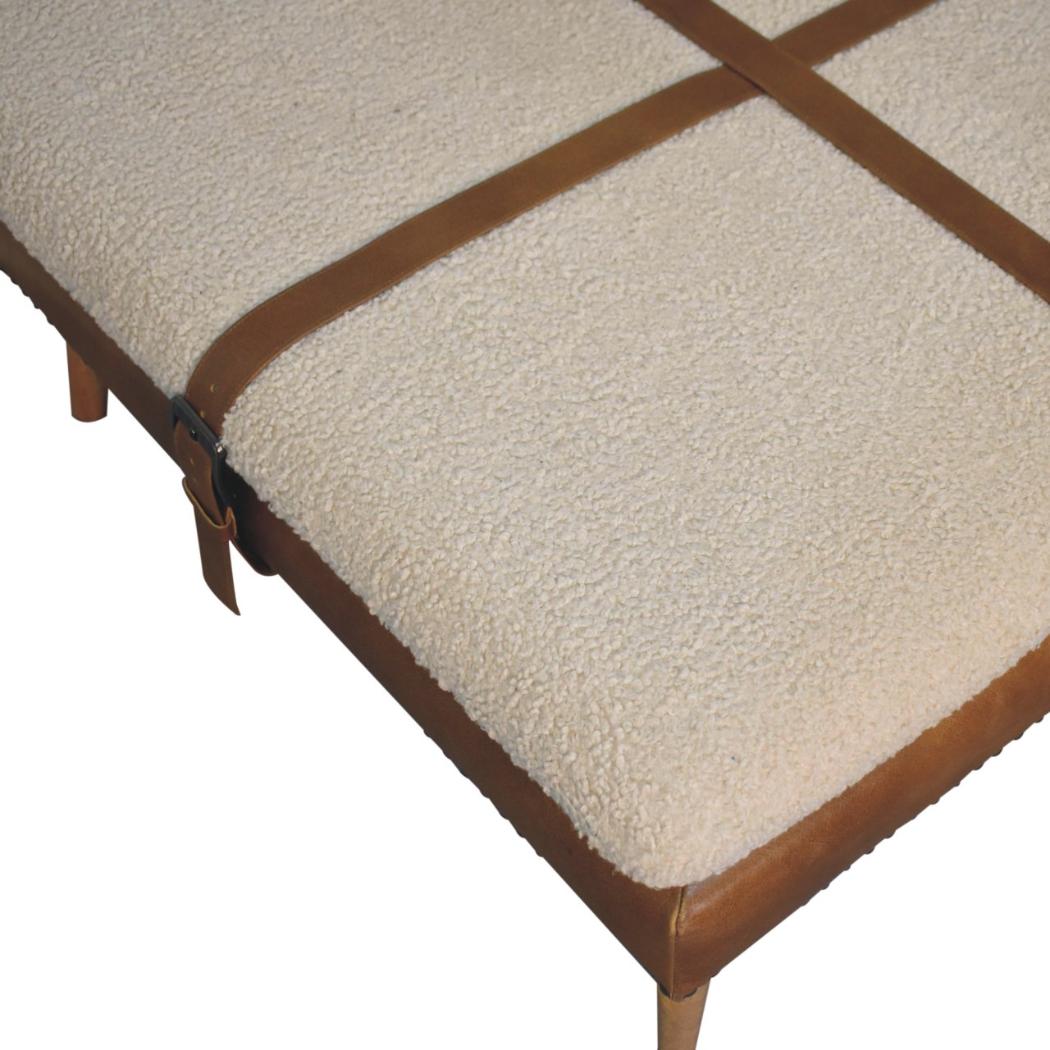 Large Square Footstool | Brown Buffalo Hide Leather & Bouclé | Upholstered Design
