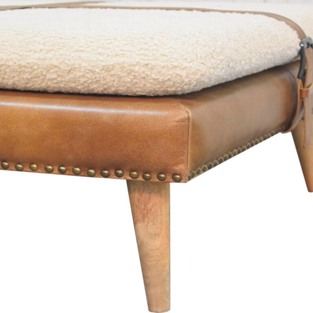 Large Square Footstool | Brown Buffalo Hide Leather & Bouclé | Upholstered Design