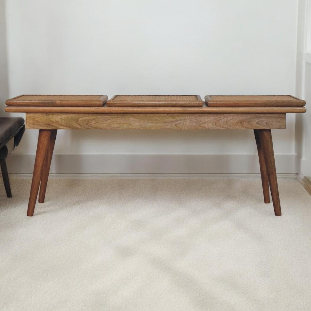 Larissa Cane Bench | Solid Mango Wood | Oak-ish Finish | Triple Accent