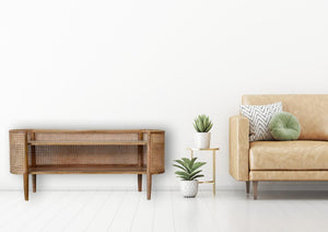 Larissa Curved Shelving Unit | Solid Mango Wood | Oak Finish | Rattan Detail